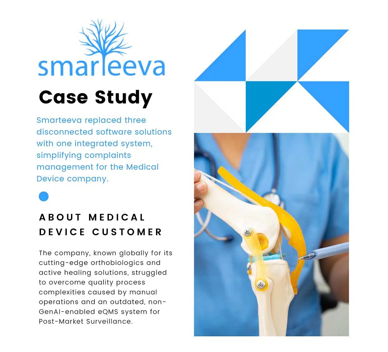 Smarteeva replaced three disconnected software solutions with one integrated system, simplifying complaints management for the Medical Device company